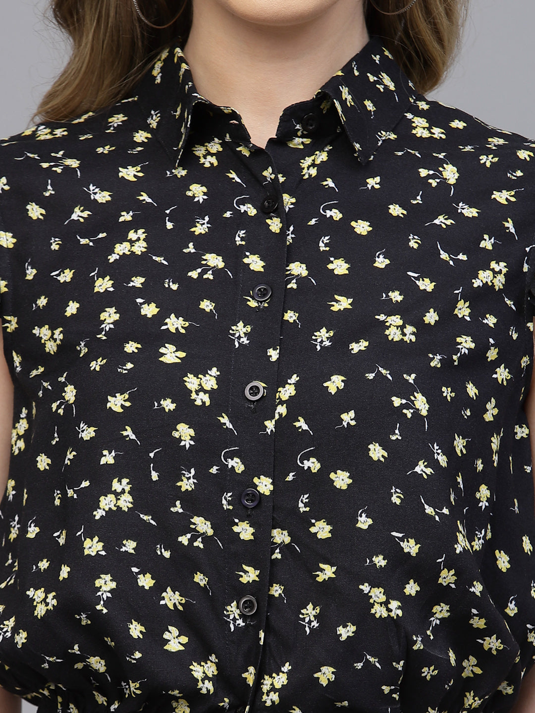 Valbone Women's Black Rayon Floral Printed Tie Top Short Sleeves with Collar