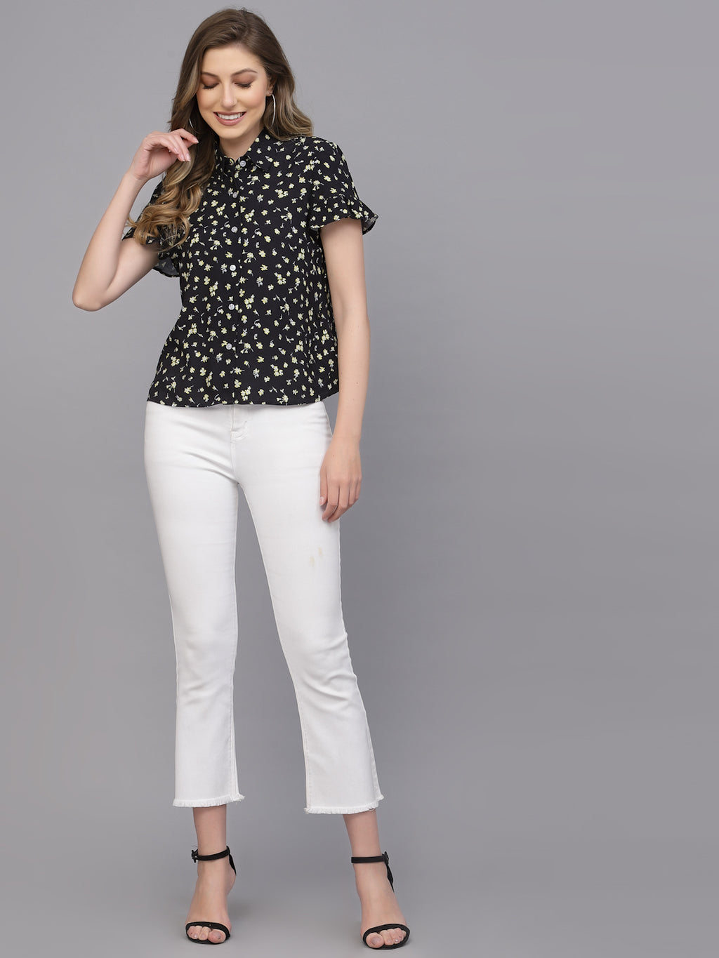 Valbone Women’s Black Modal Silk Viscose Floral Printed Shirt