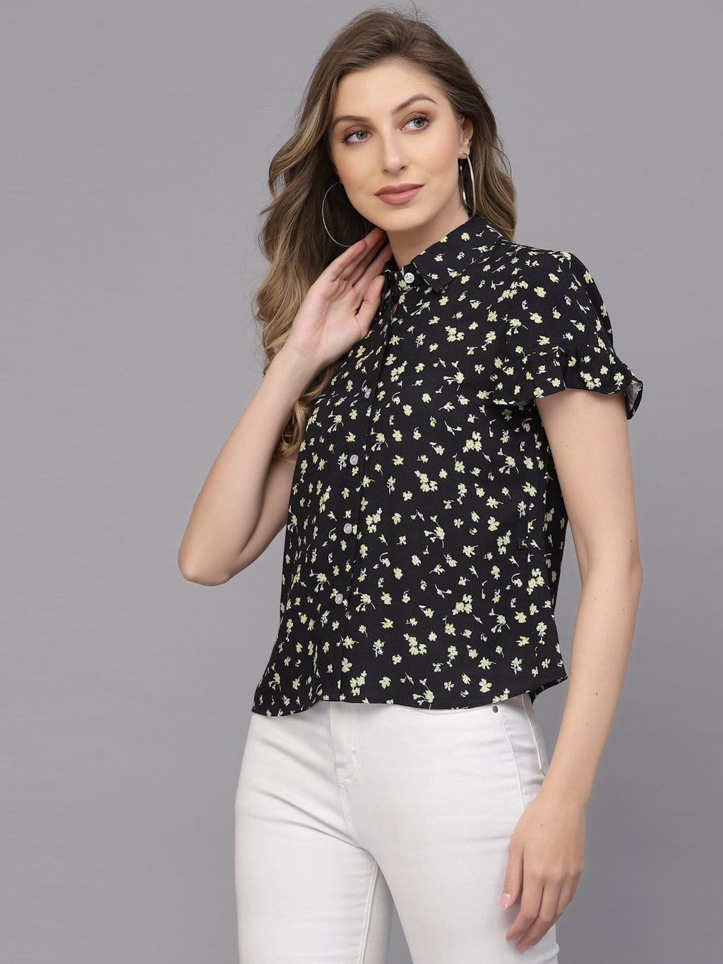 Valbone Women’s Black Modal Silk Viscose Floral Printed Shirt