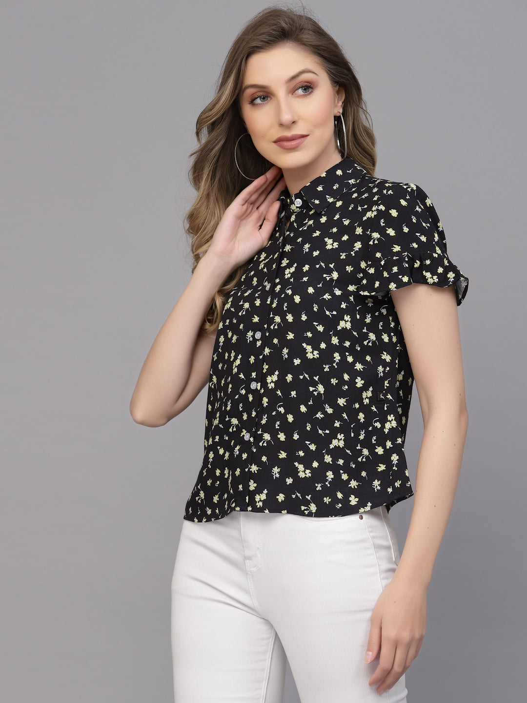 Valbone Women’s Black Modal Silk Viscose Floral Printed Shirt