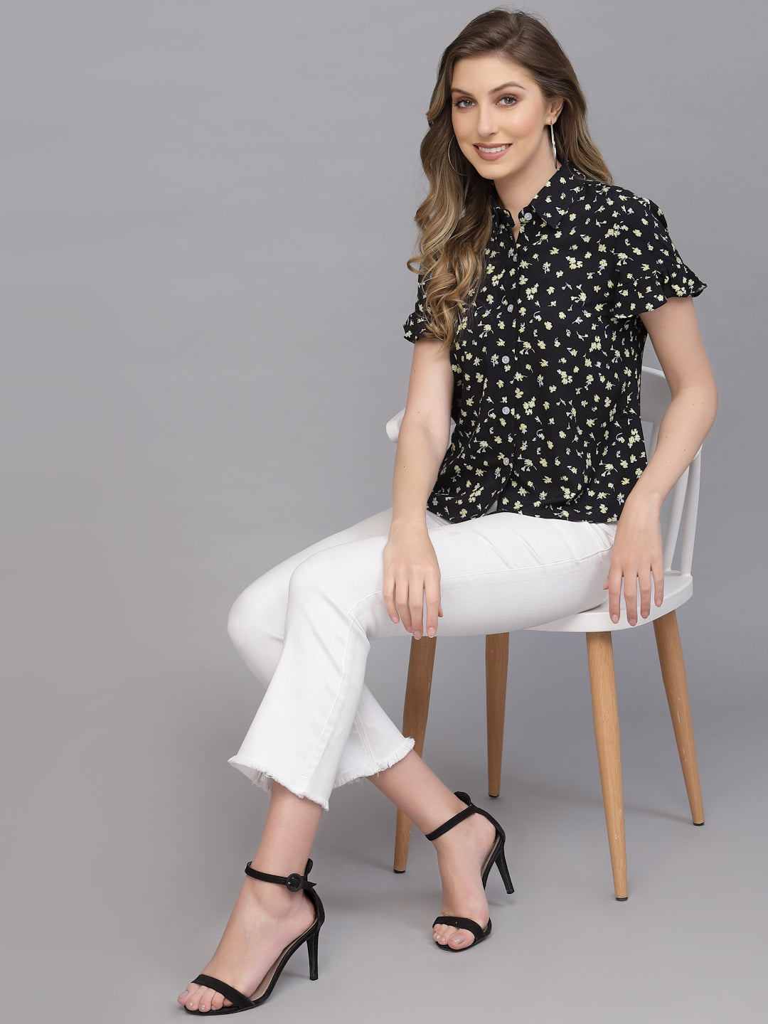 Valbone Women’s Black Modal Silk Viscose Floral Printed Shirt