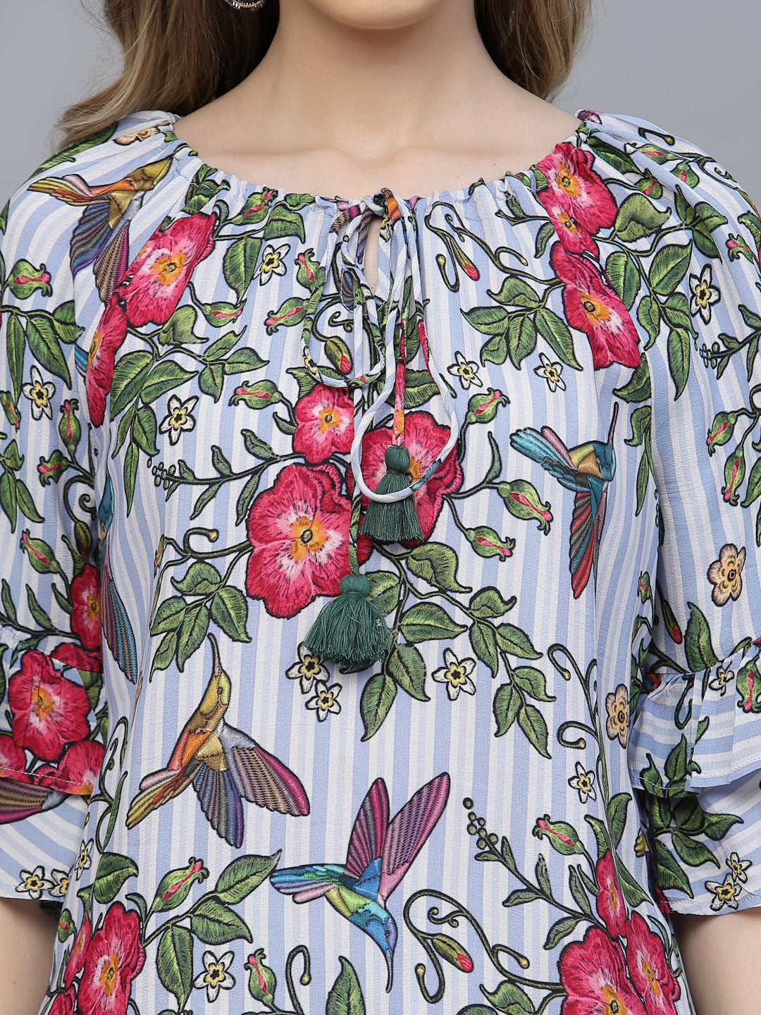 Valbone Women's Georgette Red & Green Floral Print Tie Pattern Top Half-Sleeves