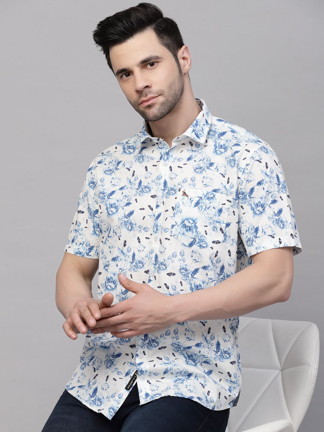 Valbone Men’s Digital Print Blue Rose & Butterfly Printed Regular Fit Casual Shirt Half Sleeves