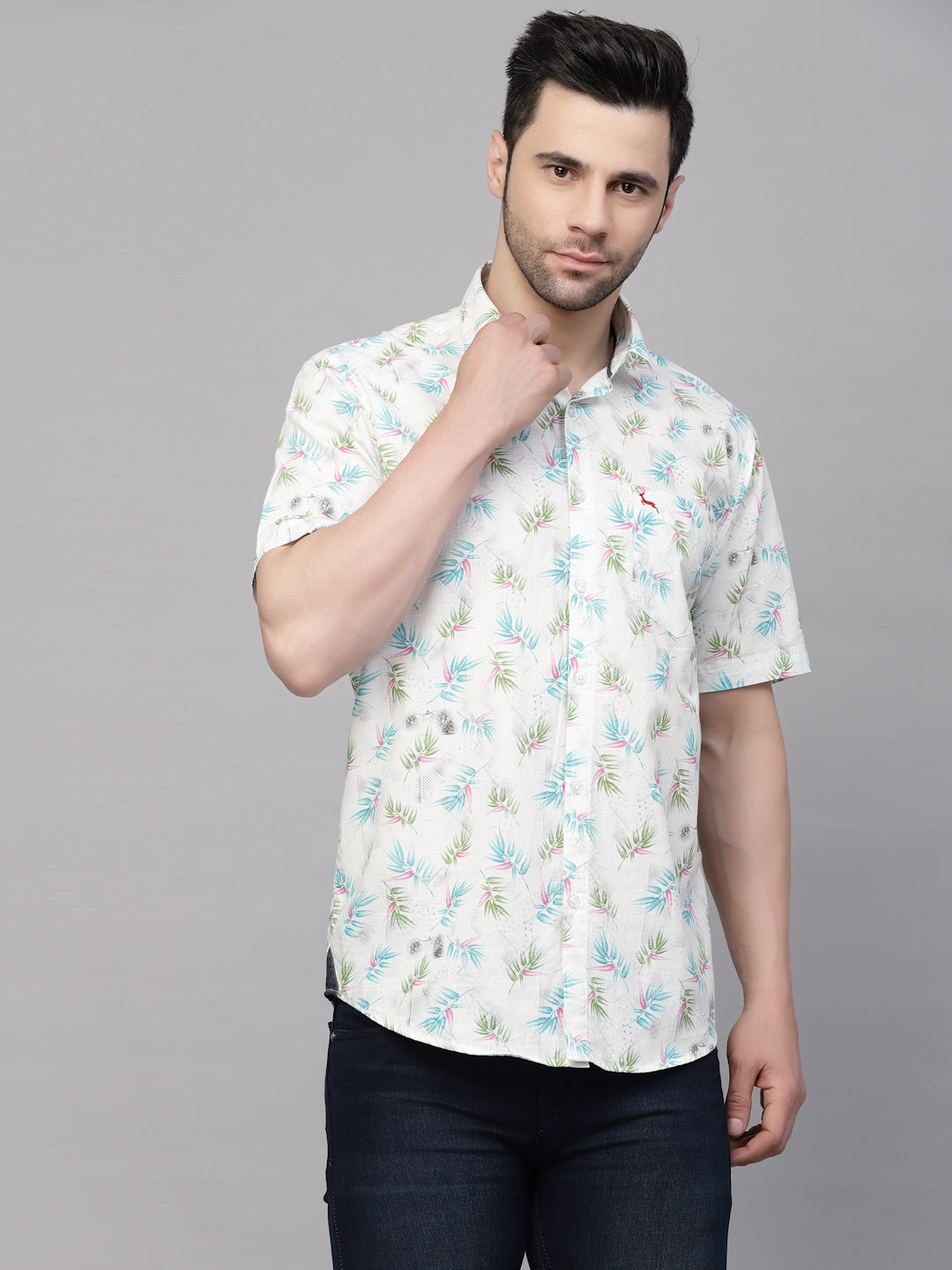 Valbone Men’s White & Blue Digital Leaves Printed Regular Fit Casual Shirt Half Sleeves