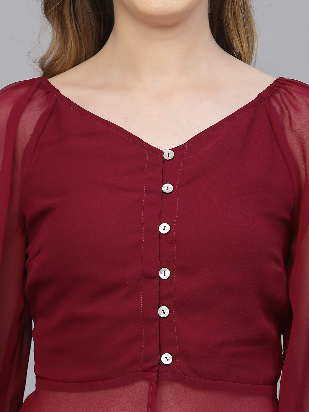 Valbone Women's Maroon Georgette Button Closure Top 3/4-Sleeves