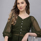 Valbone Women's Olive Green Georgette Button Closure Top Full-Sleeves