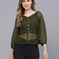Valbone Women's Olive Green Georgette Button Closure Top Full-Sleeves