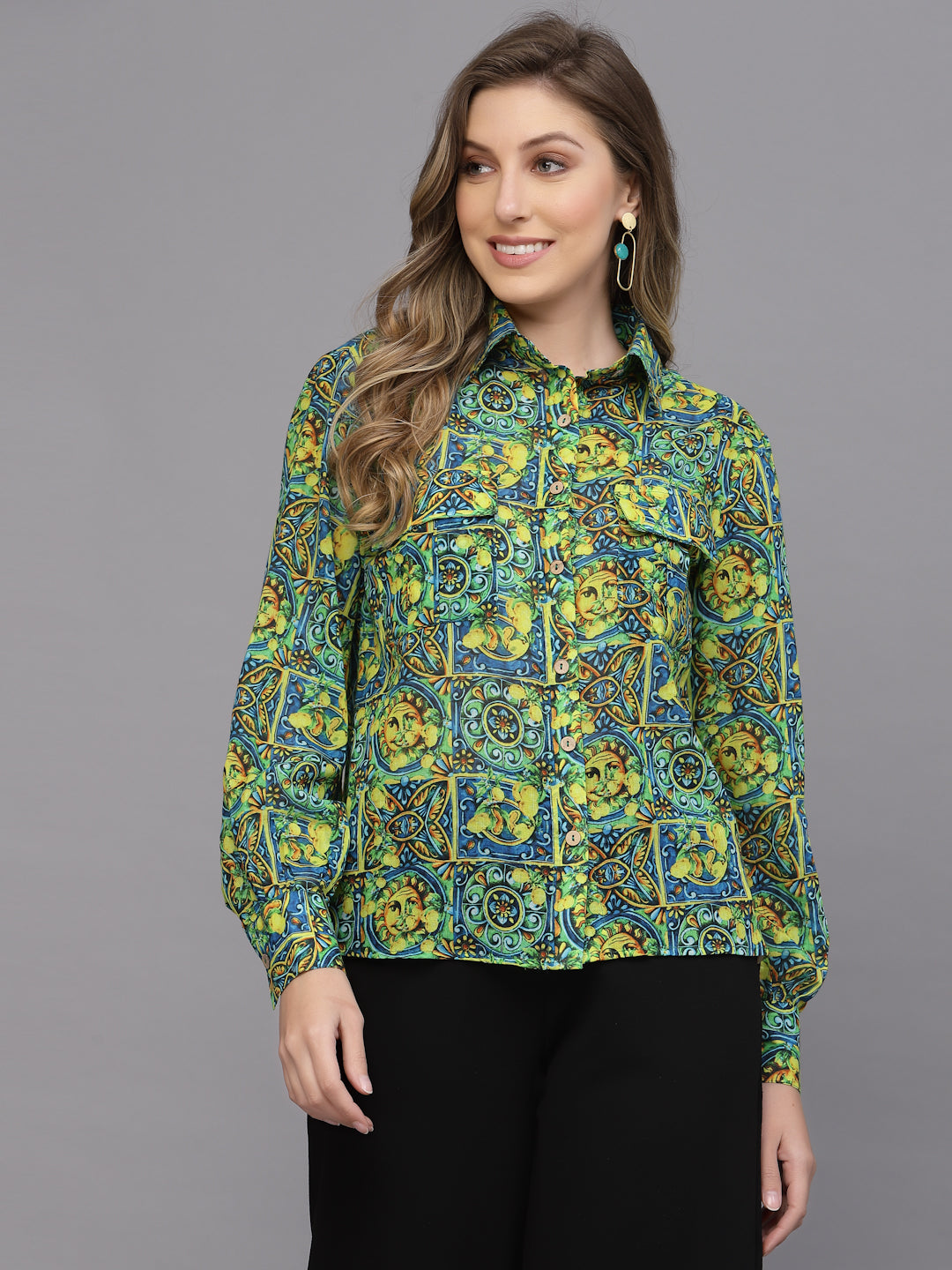 Valbone Women’s Green Modal Silk Geometric Printed Shirt