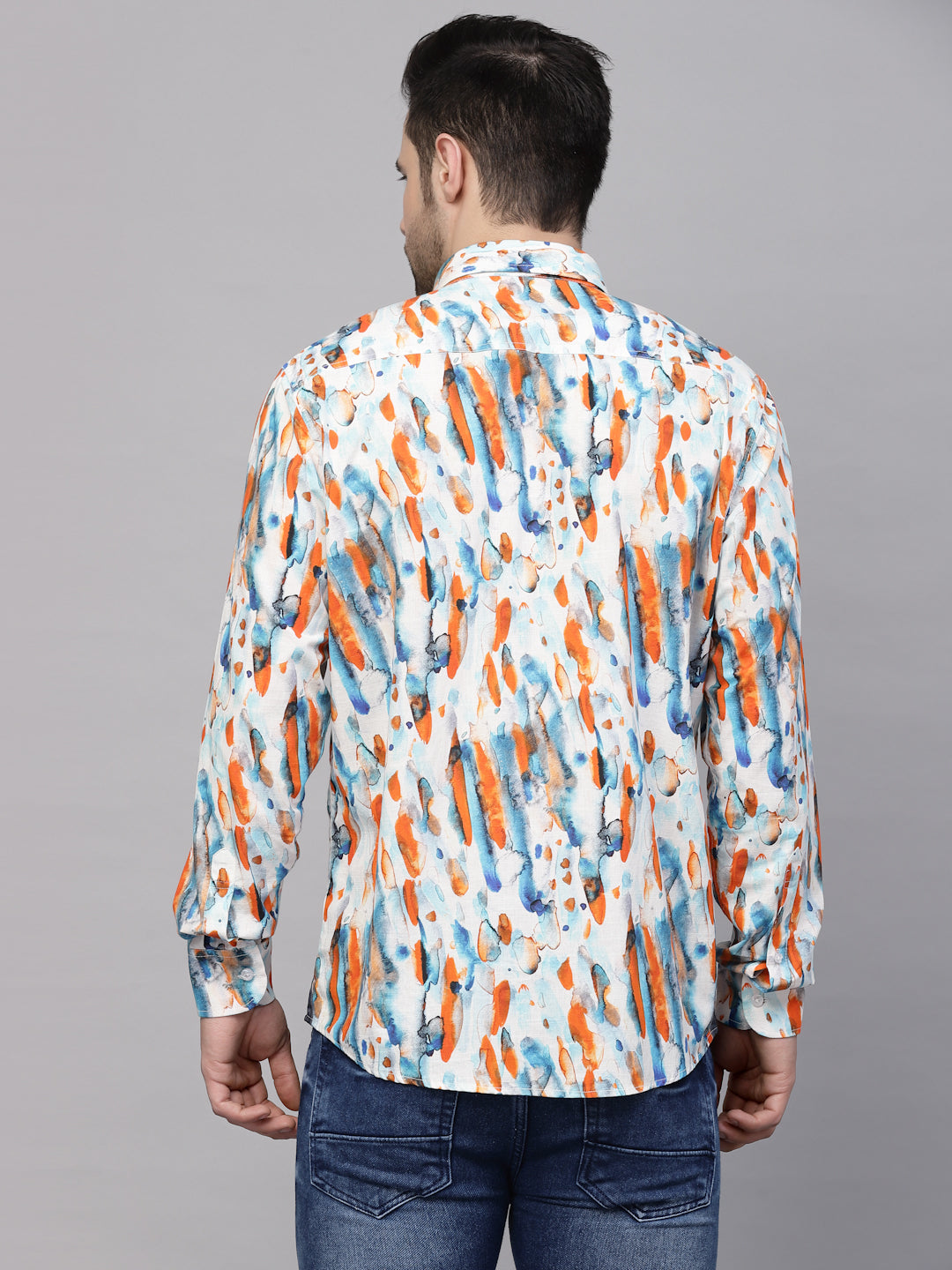 Valbone Men’s Digital Print Orange & Blue Regular Fit Casual Shirt Full Sleeves