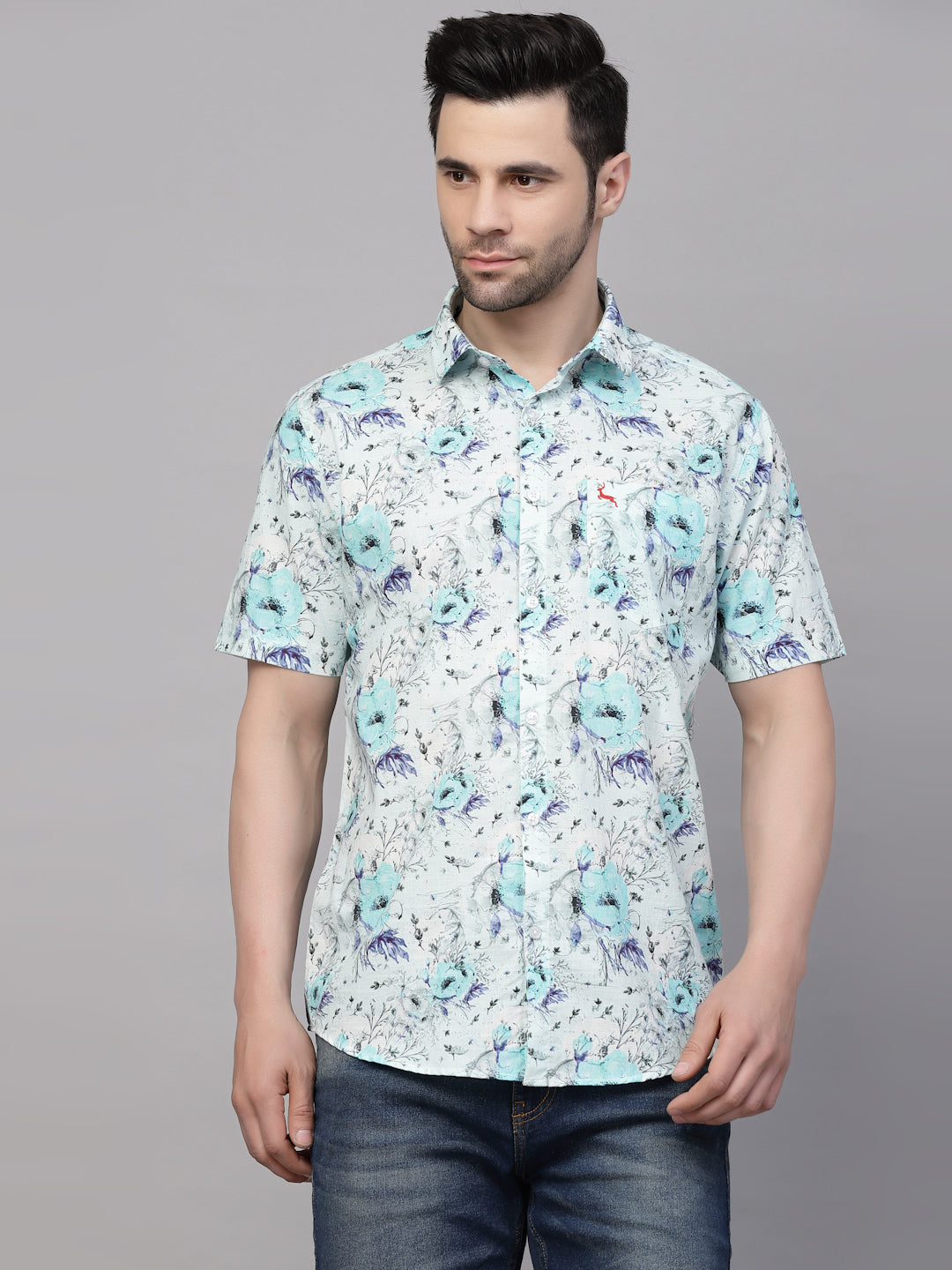 Valbone Men’s Digital Print Blue Regular Fit Casual Shirt Half Sleeves