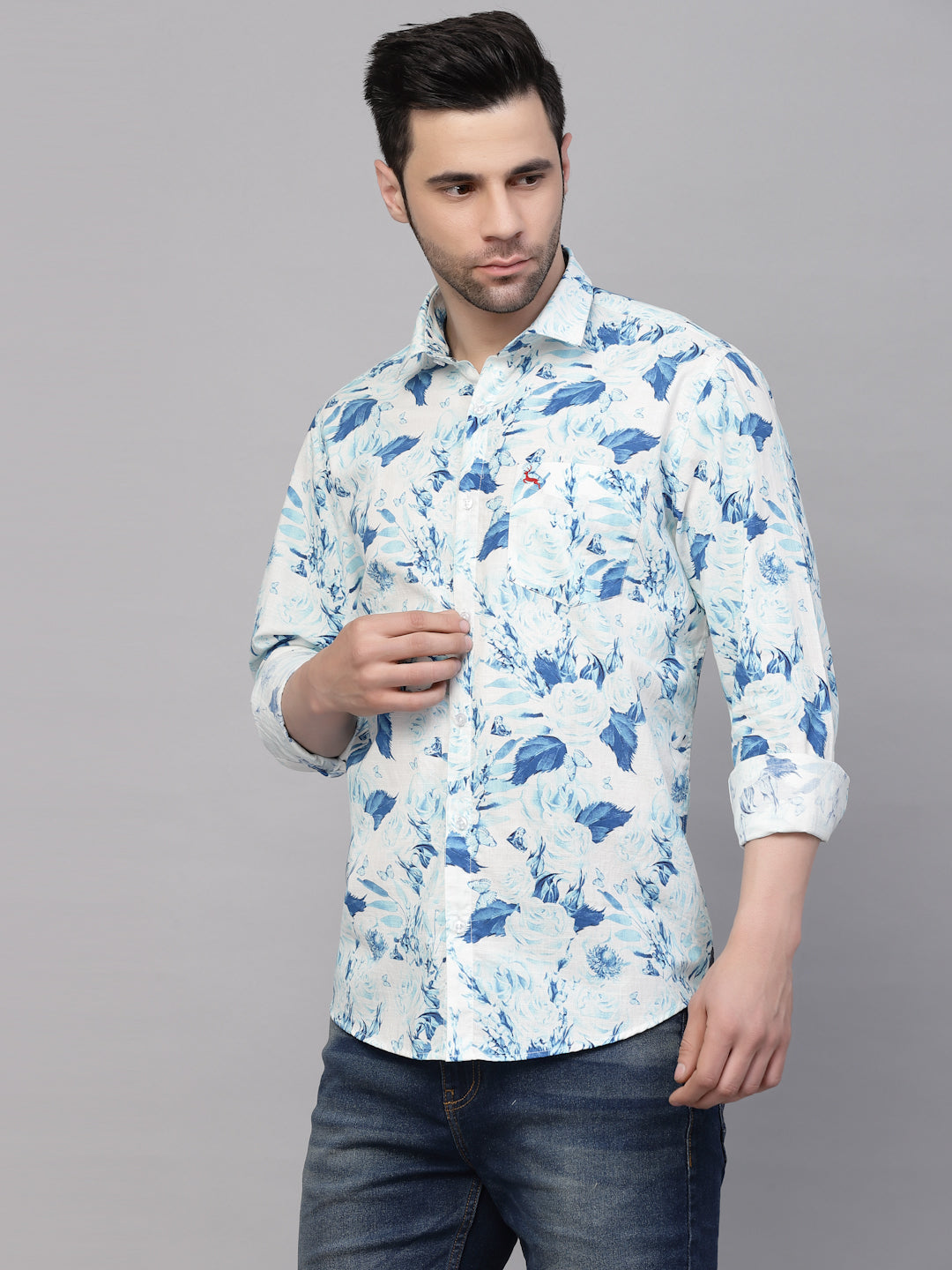Valbone Men’s Digital Print Blue Leafs Printed Regular Fit Casual Shirt Full Sleeves