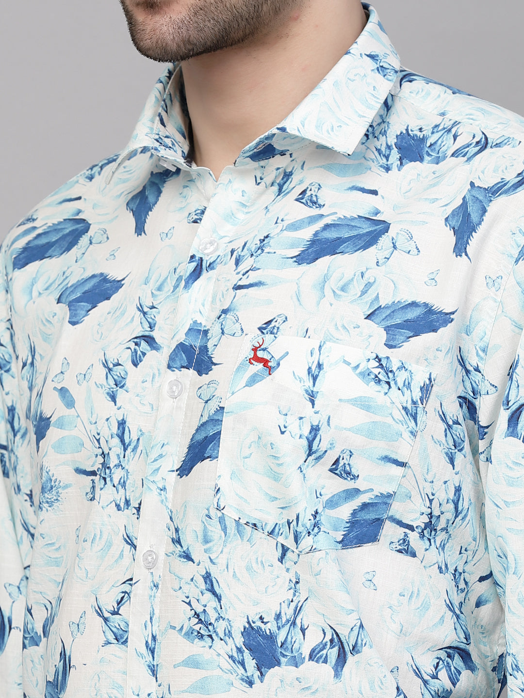 Valbone Men’s Digital Print Blue Leafs Printed Regular Fit Casual Shirt Full Sleeves