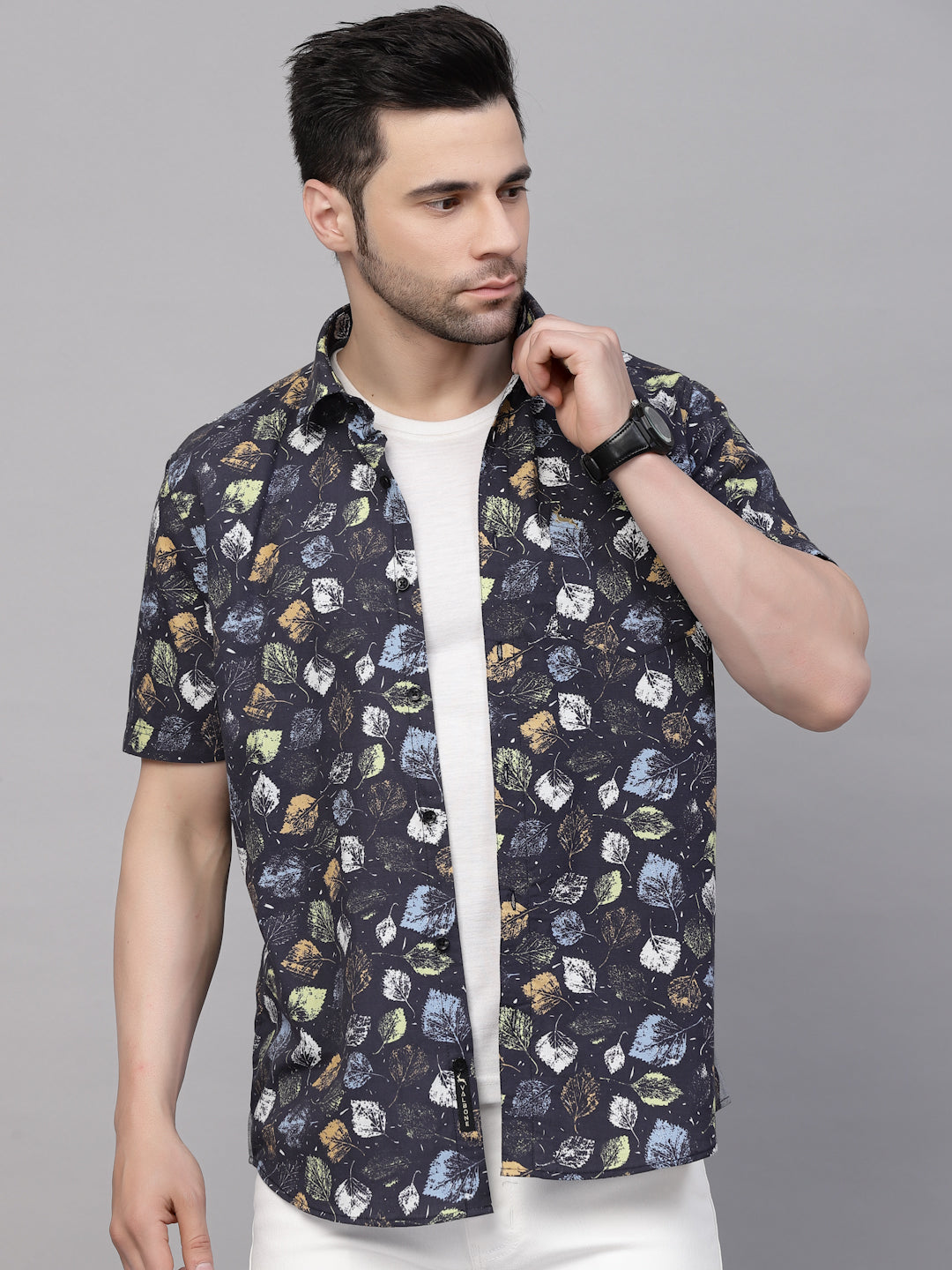 Valbone Men’s Black Digital Leaves Printed Regular Fit Casual Shirt Half Sleeves