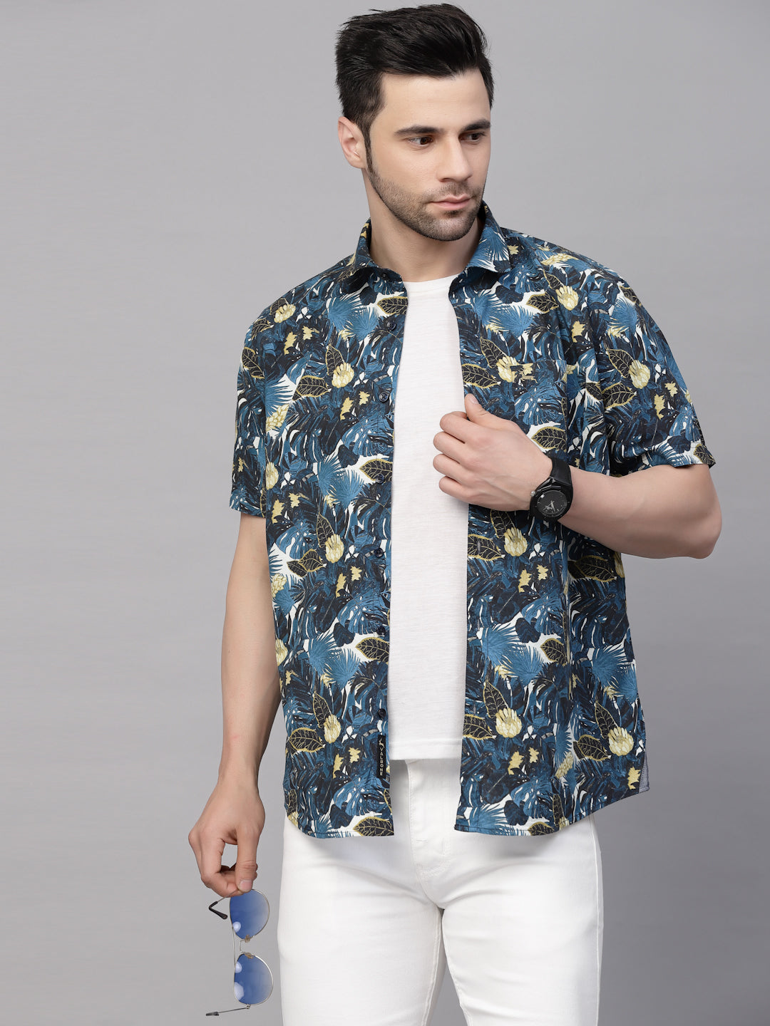Valbone Men’s Floral Blue Digital Print Regular Fit Casual Shirt Half Sleeves