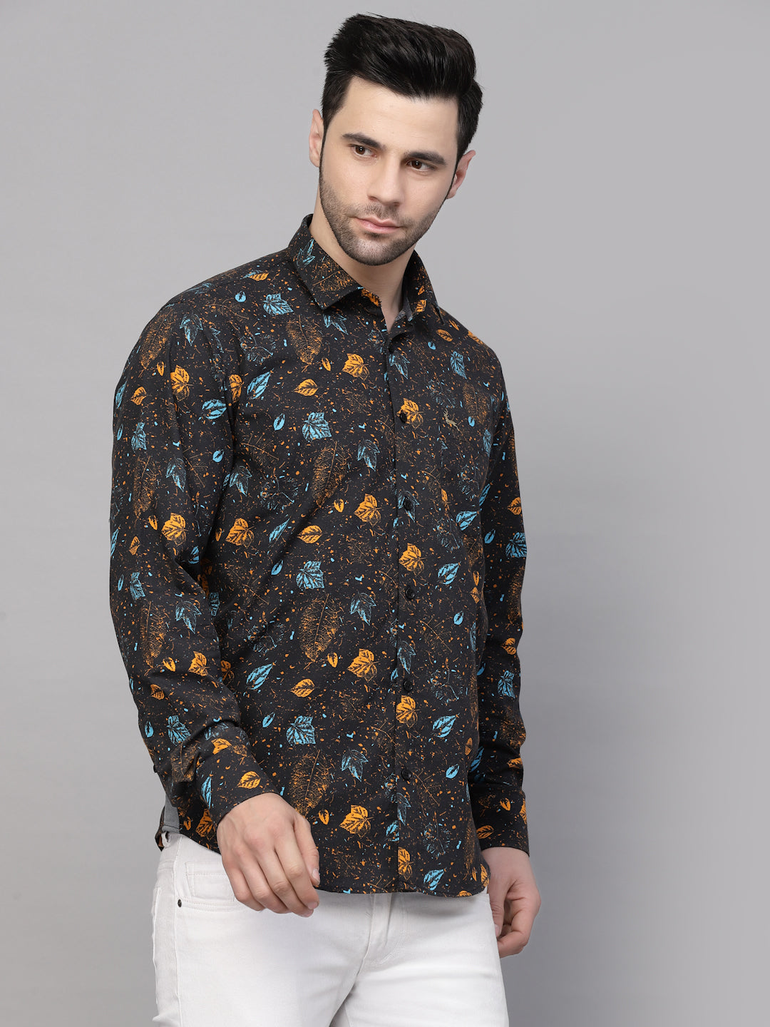 Valbone Men’s Digital Print Blue & Brown Leaf Printed Regular Fit Casual Shirt Full Sleeves
