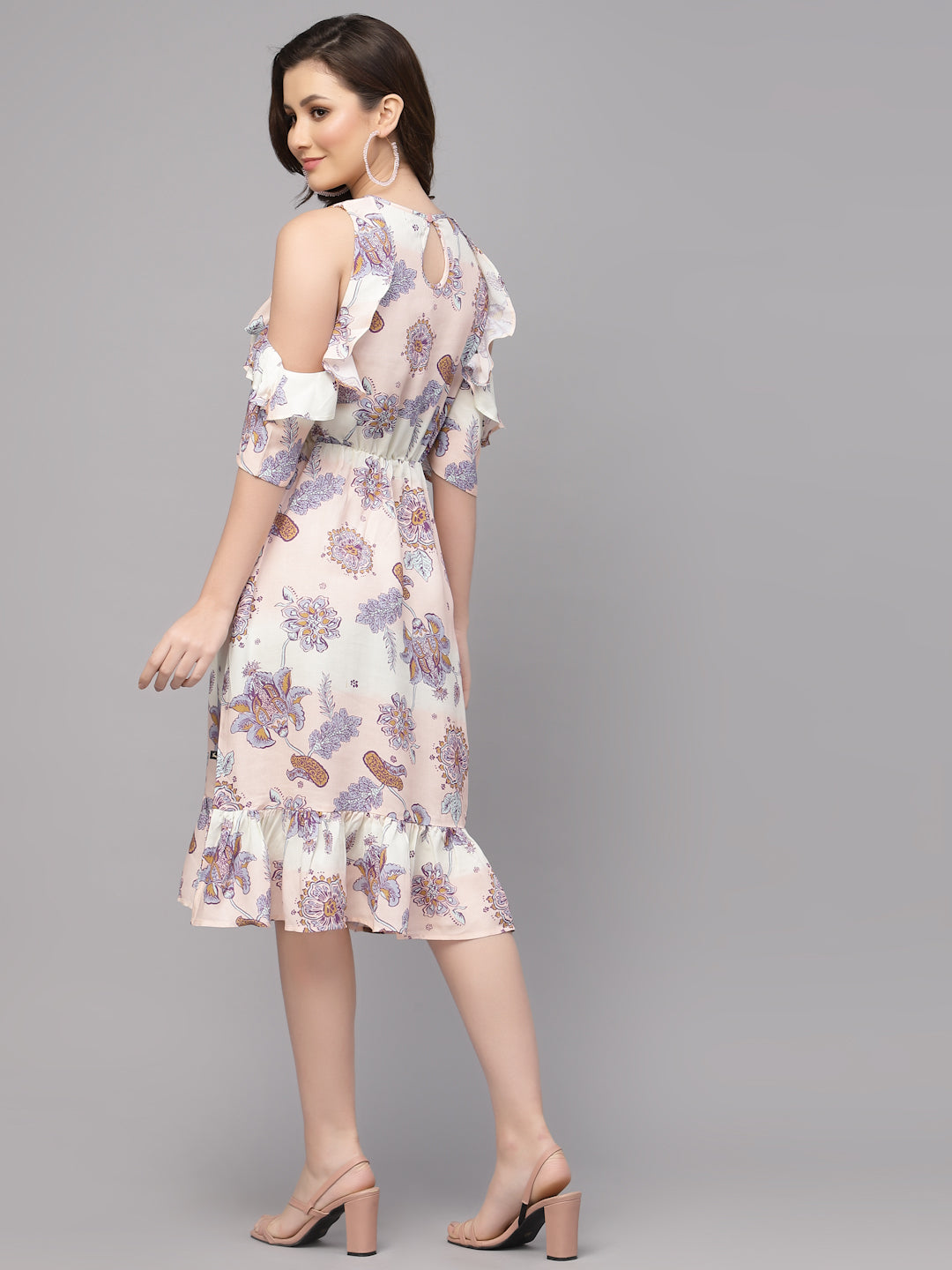 Peach Viscose Floral Printed Dress