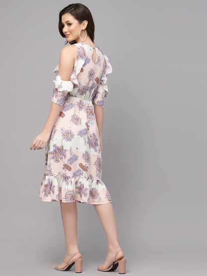 Valbone Women's Western Wear Peach Viscose Floral Printed Dress