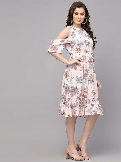 Valbone Women's Western Wear Peach Viscose Floral Printed Dress