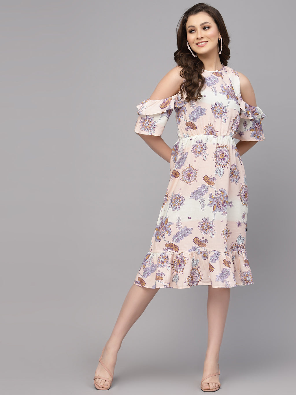 Peach Viscose Floral Printed Dress