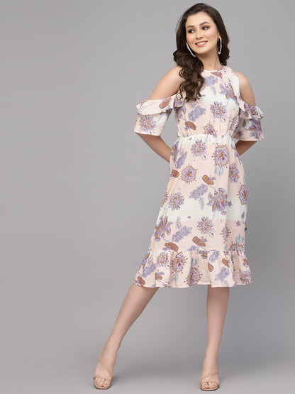 Valbone Women's Western Wear Peach Viscose Floral Printed Dress