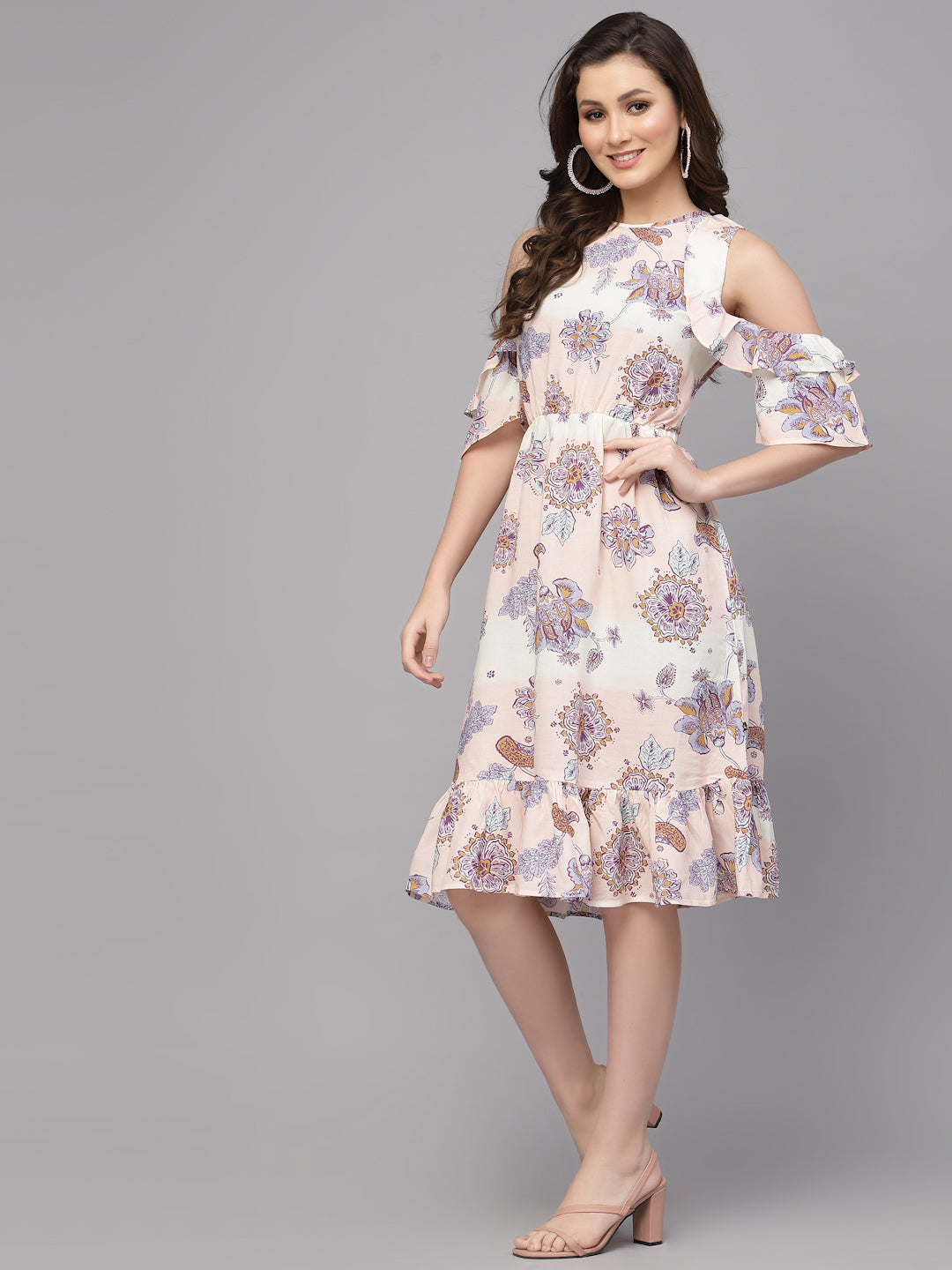 Peach Viscose Floral Printed Dress