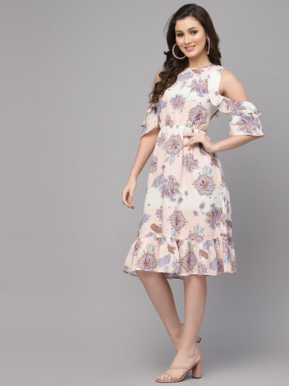 Valbone Women's Western Wear Peach Viscose Floral Printed Dress