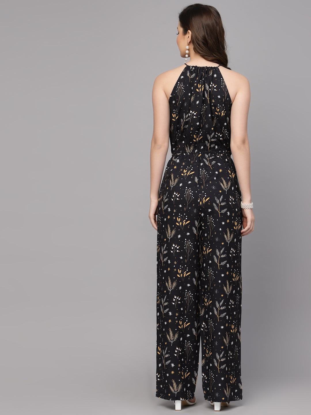 Valbone Western Wear Women's Black Viscose Floral Printed Tie Jumpsuit