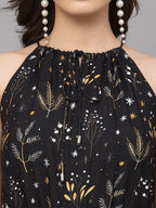 Valbone Western Wear Women's Black Viscose Floral Printed Tie Jumpsuit