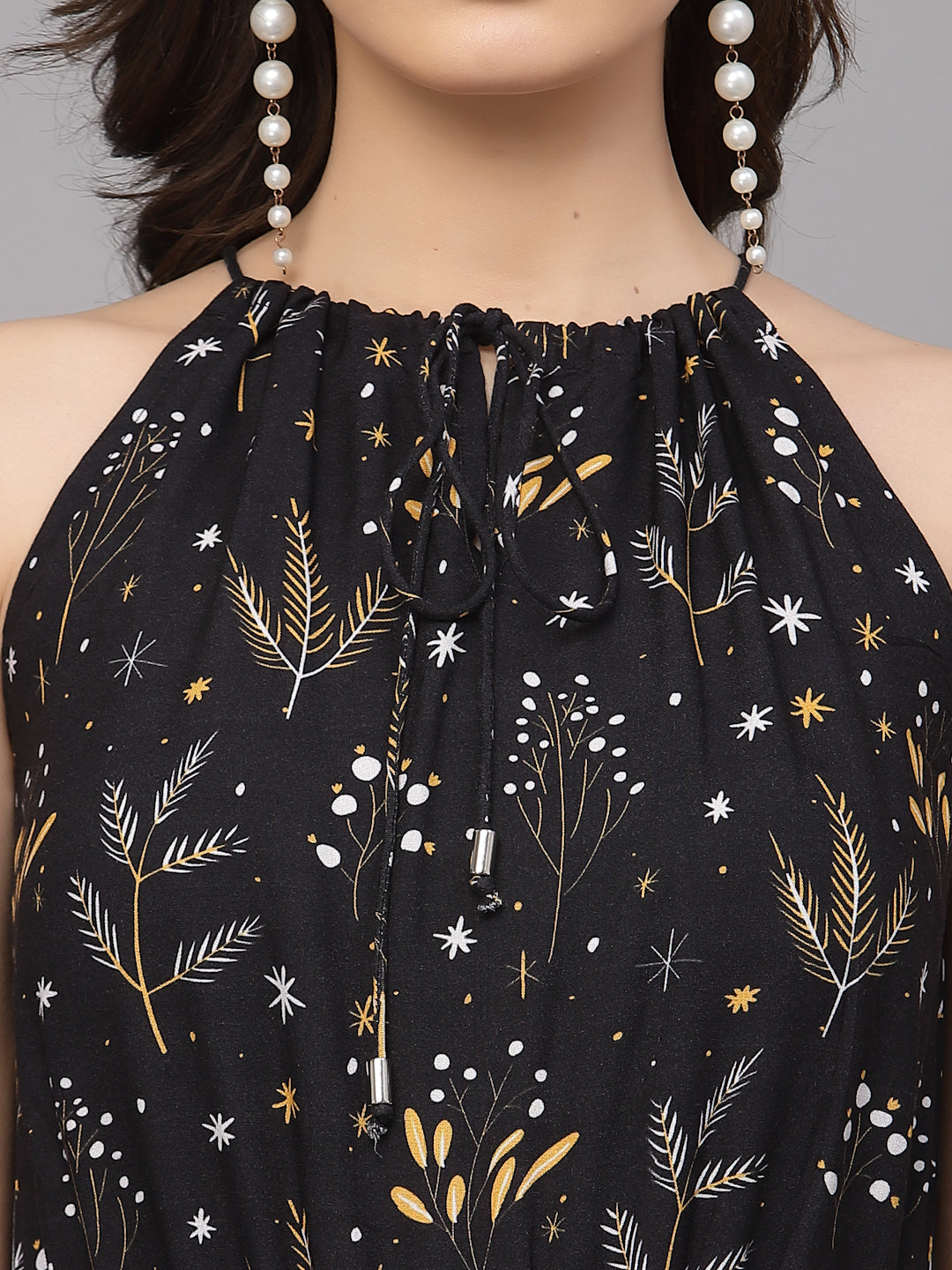 Valbone Western Wear Women's Black Viscose Floral Printed Tie Jumpsuit