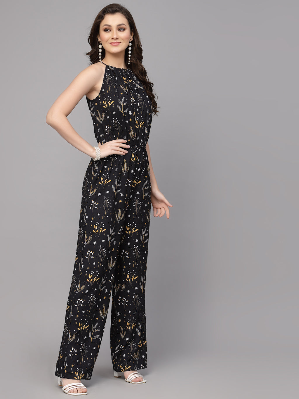 Valbone Western Wear Women's Black Viscose Floral Printed Tie Jumpsuit