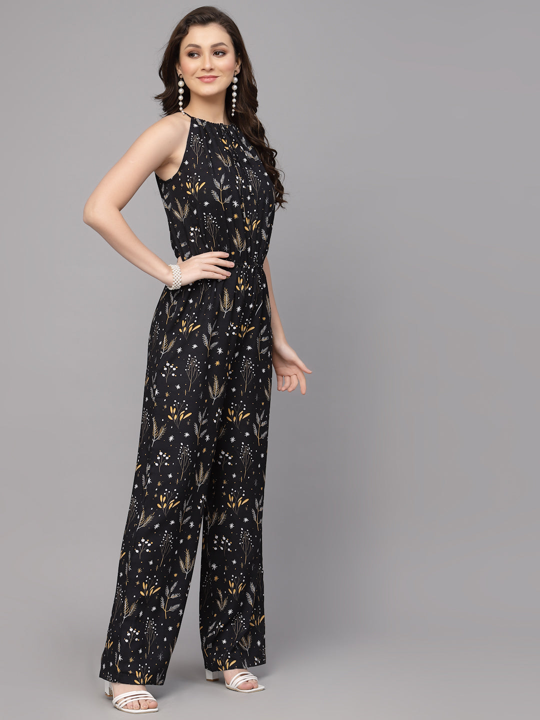 Valbone Western Wear Women's Black Viscose Floral Printed Tie Jumpsuit