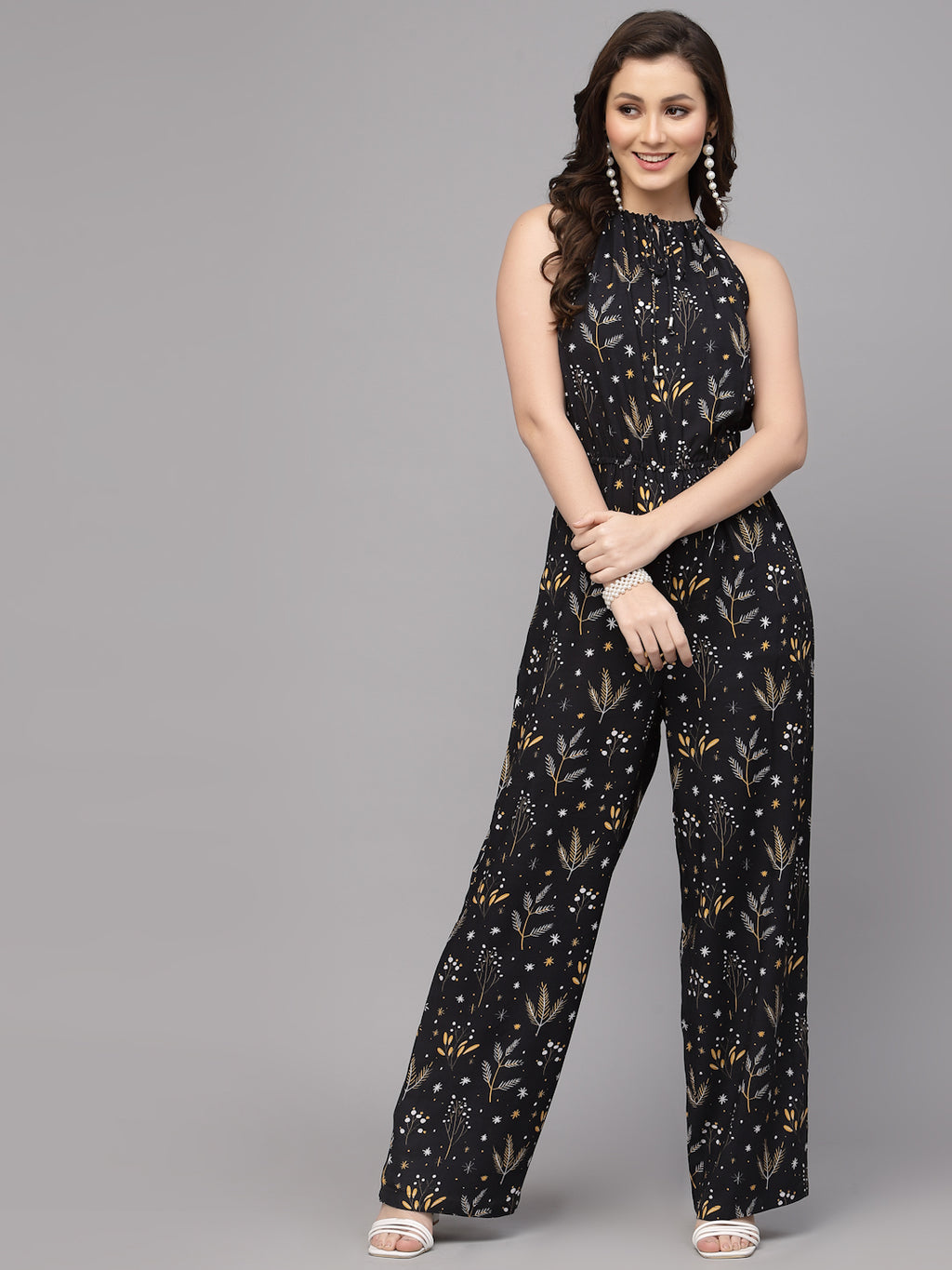 Valbone Western Wear Women's Black Viscose Floral Printed Tie Jumpsuit
