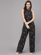 Valbone Western Wear Women's Black Viscose Floral Printed Tie Jumpsuit