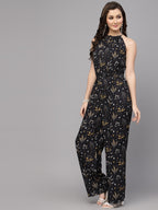 Valbone Western Wear Women's Black Viscose Floral Printed Tie Jumpsuit
