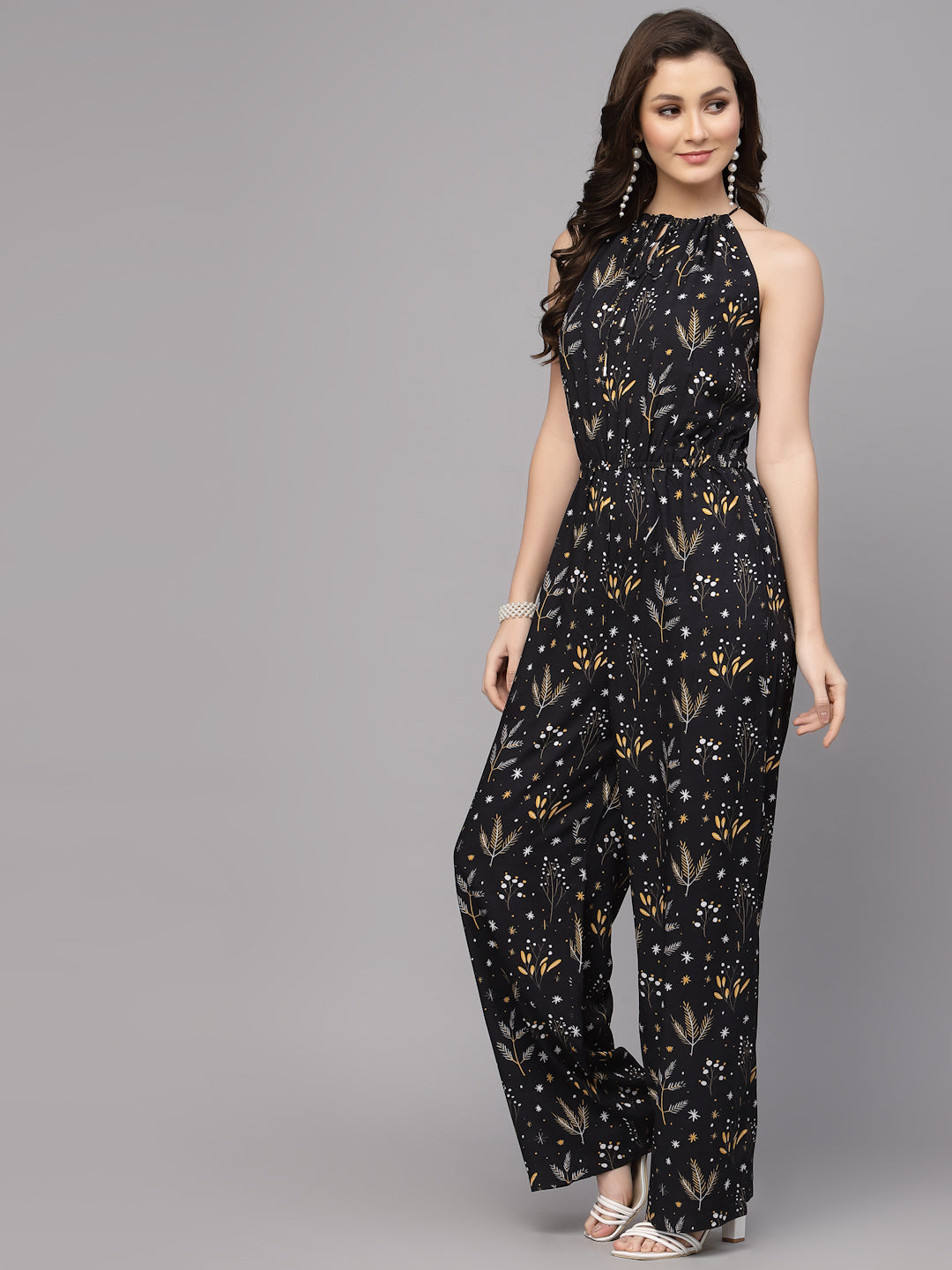 Valbone Western Wear Women's Black Viscose Floral Printed Tie Jumpsuit