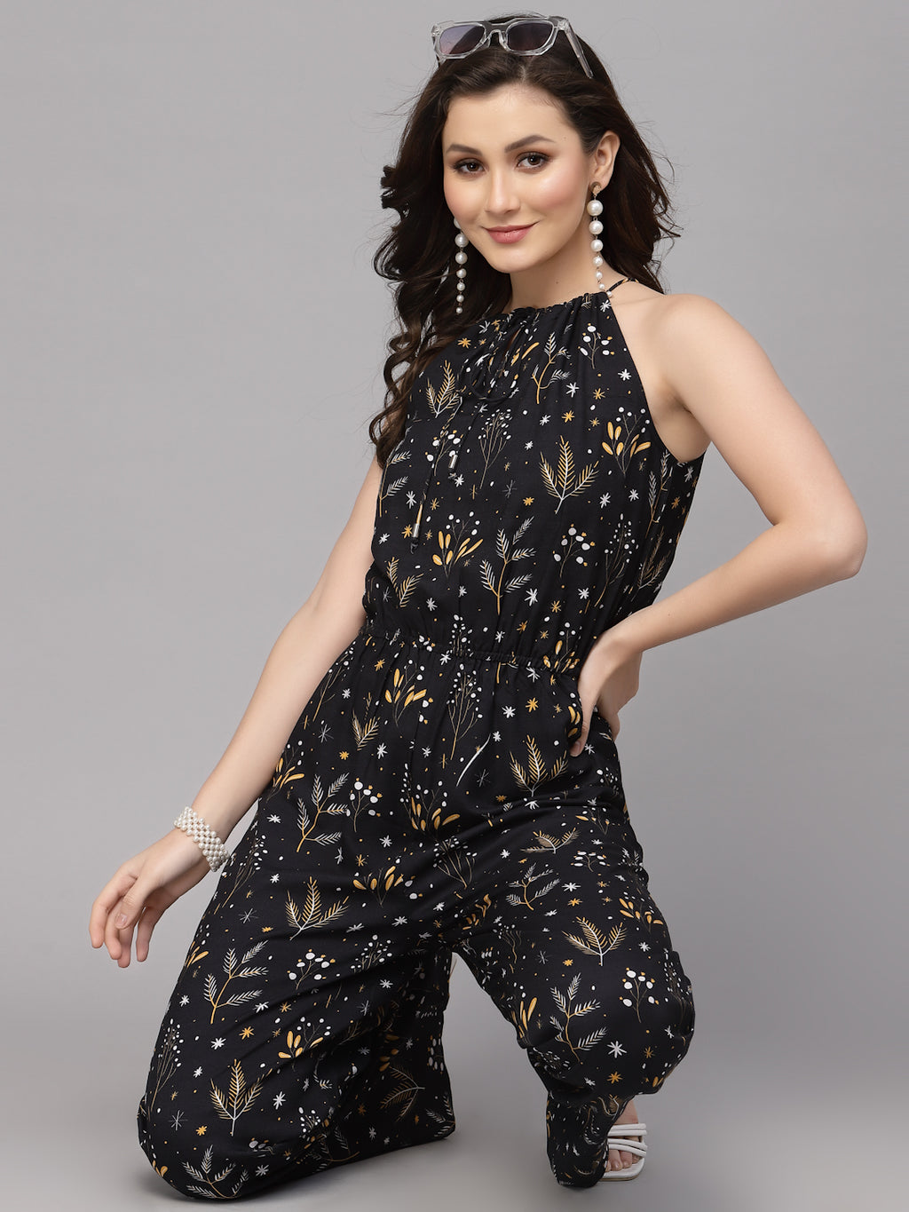 Valbone Western Wear Women's Black Viscose Floral Printed Tie Jumpsuit