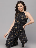 Valbone Western Wear Women's Black Viscose Floral Printed Tie Jumpsuit