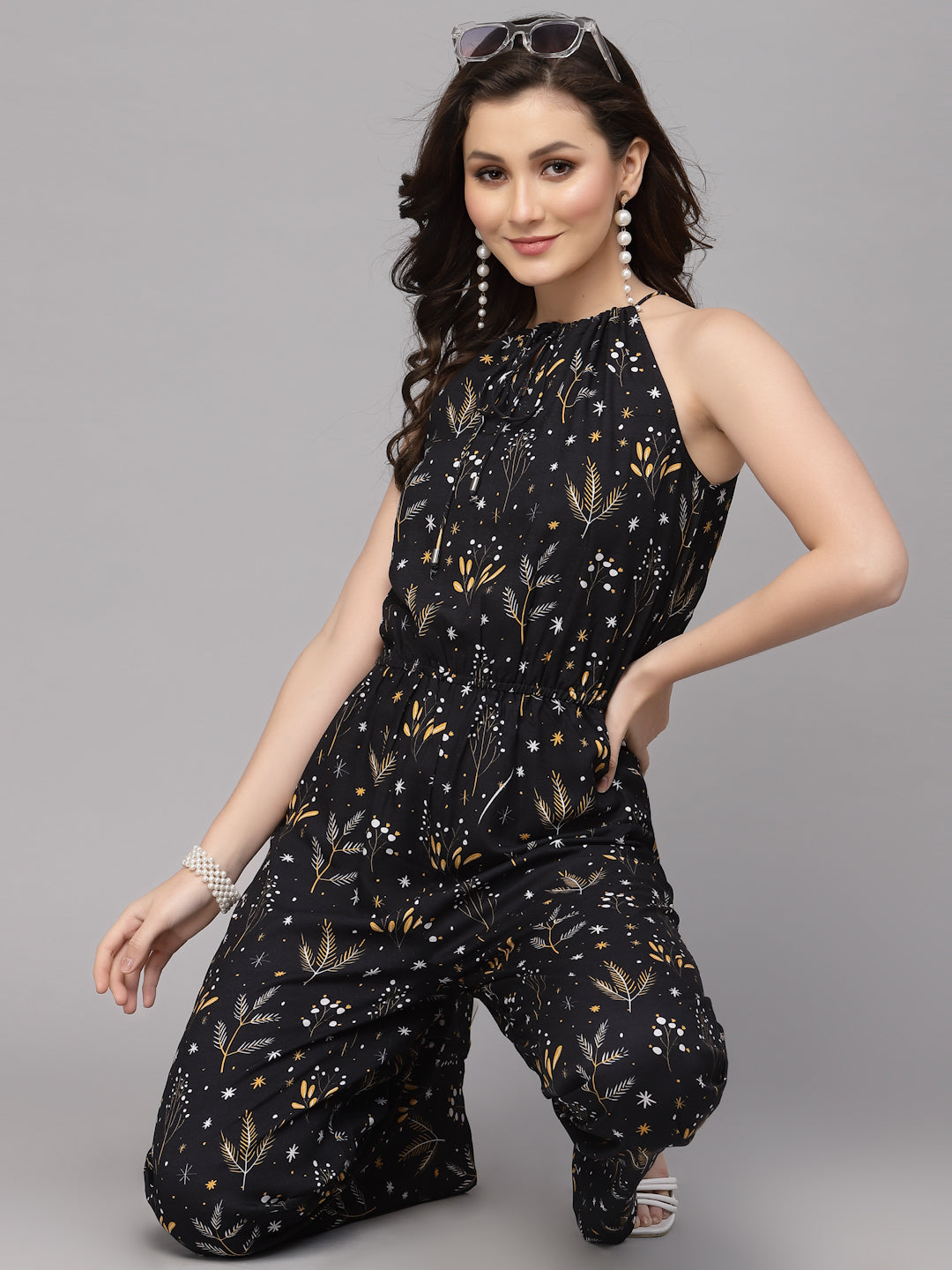 Valbone Western Wear Women's Black Viscose Floral Printed Tie Jumpsuit