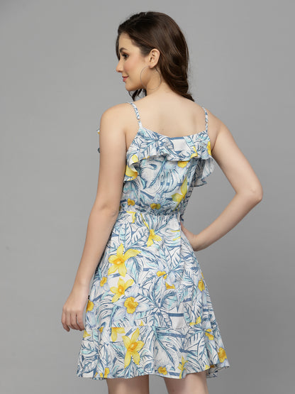 Valbone Women’s White & Yellow Viscose Floral Printed Dress Knee Length