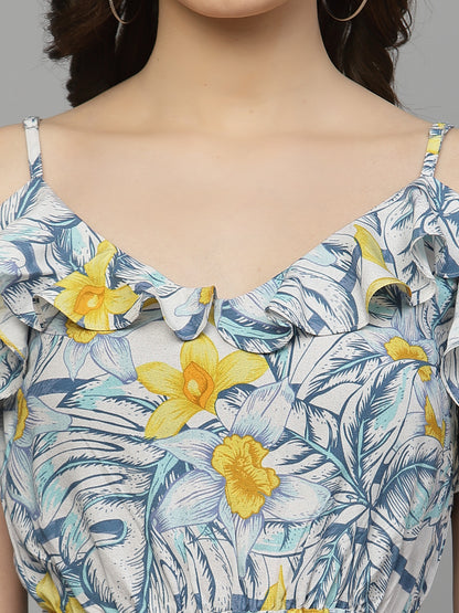 Valbone Women’s White & Yellow Viscose Floral Printed Dress Knee Length