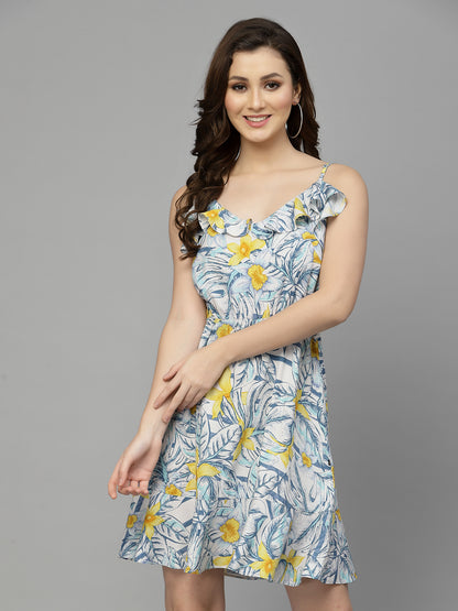 Valbone Women’s White & Yellow Viscose Floral Printed Dress Knee Length