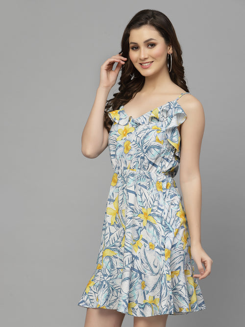 Valbone Women’s White & Yellow Viscose Floral Printed Dress Knee Length