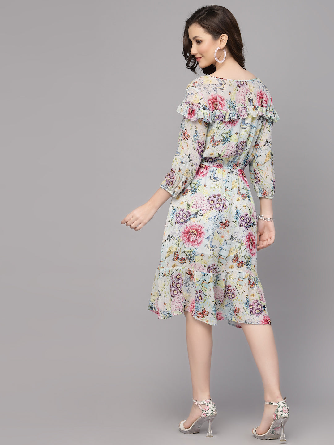 Valbone Women’s White Georgette Floral Printed Dress 3/4 Sleeves