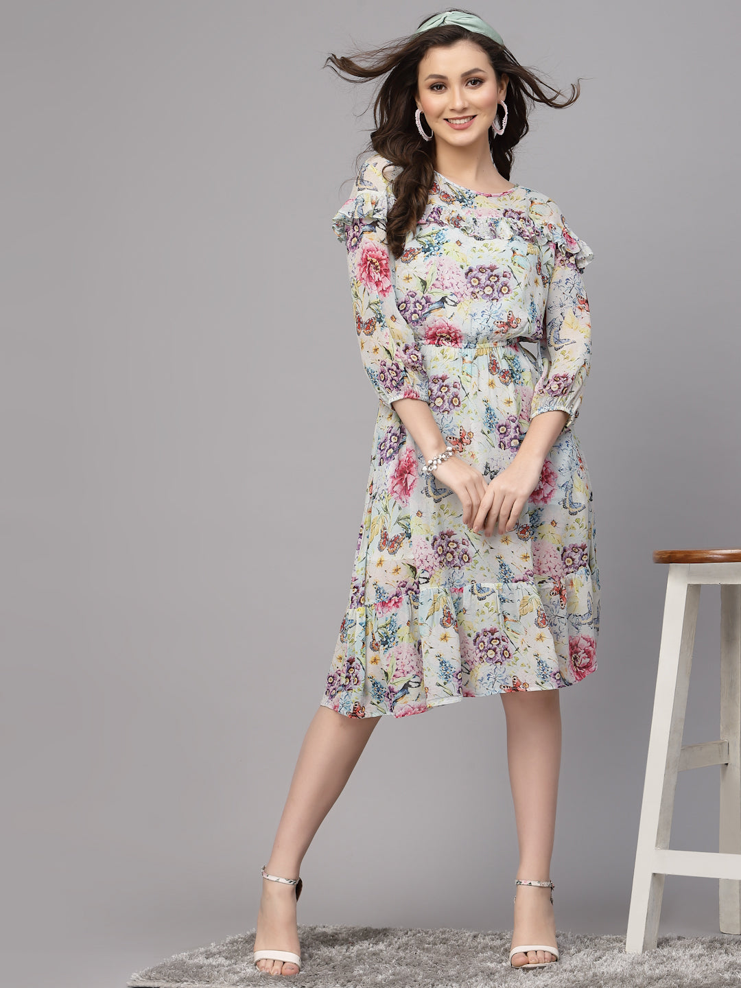 Buy Green Floral Flared Dress Online at Best Price at Global Desi-  FW22GH356DRKT
