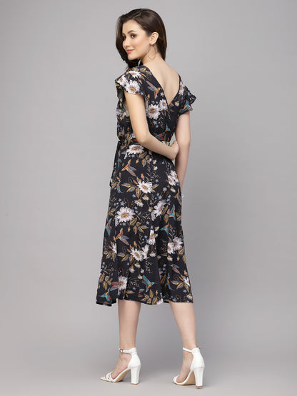 Valbone Women’s Black Floral Viscose Rayon Printed Dress With Matching Belt
