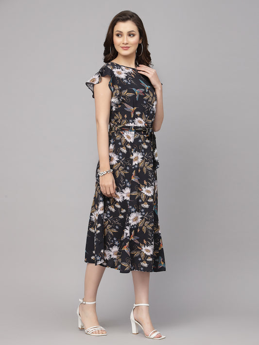 Valbone Women’s Black Floral Viscose Rayon Printed Dress With Matching Belt