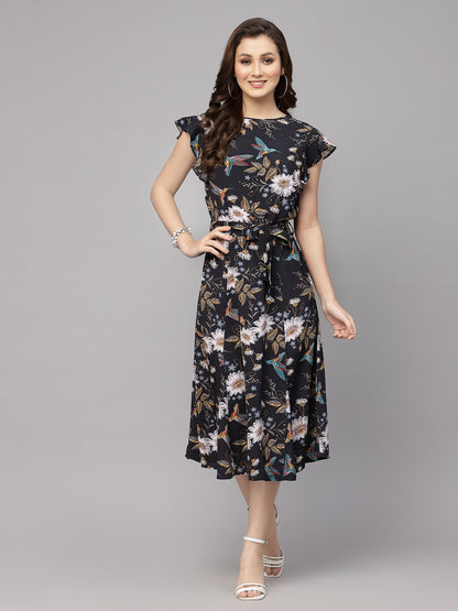 Valbone Women’s Black Floral Viscose Rayon Printed Dress With Matching Belt