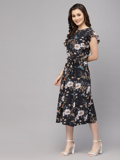 Valbone Women’s Black Floral Viscose Rayon Printed Dress With Matching Belt