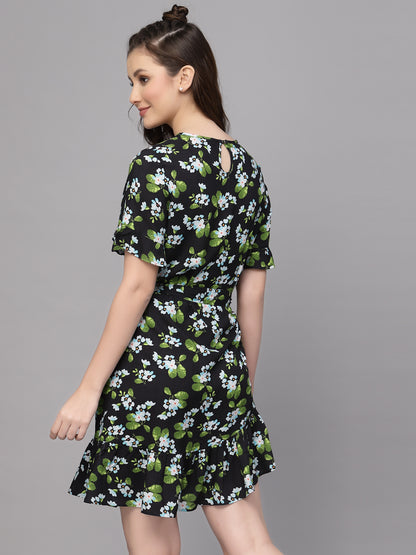 Valbone Women's Western Wear Green Floral Printed Viscose Dress Half Sleeves