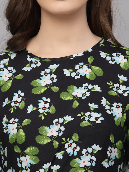 Valbone Women's Western Wear Green Floral Printed Viscose Dress Half Sleeves